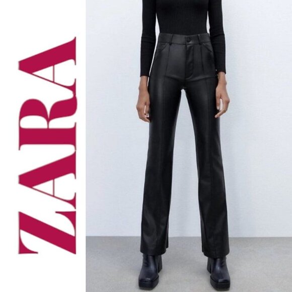 ZARA Faux Leather Slim Bootcut Flare Ankle Zip Full Length Pants Black, Size XS - Picture 3 of 16